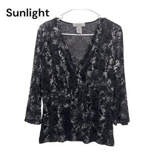 Vintage Y2k Nine West Black-Silver Floral Velvet Stretch Blouse SZ Large